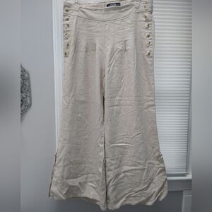 Linen Blend Wide-Leg Sailor Pants with Button Detail